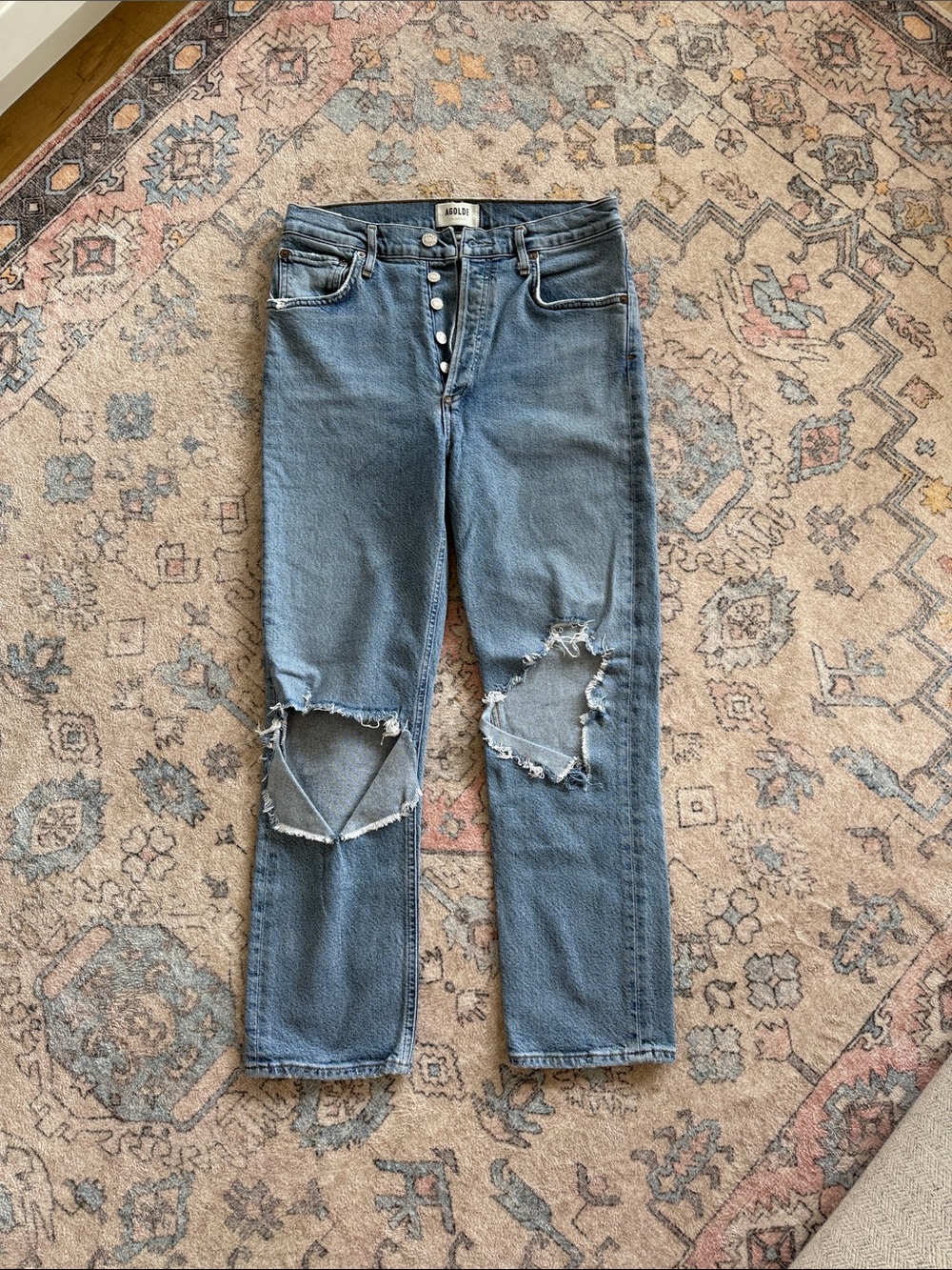 Agolde Blue Distressed Straight Leg Jeans